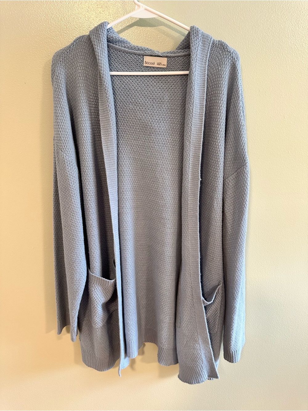 BE COOL Light Blue Hooded Open-Front Knit Cardigan with Pockets
